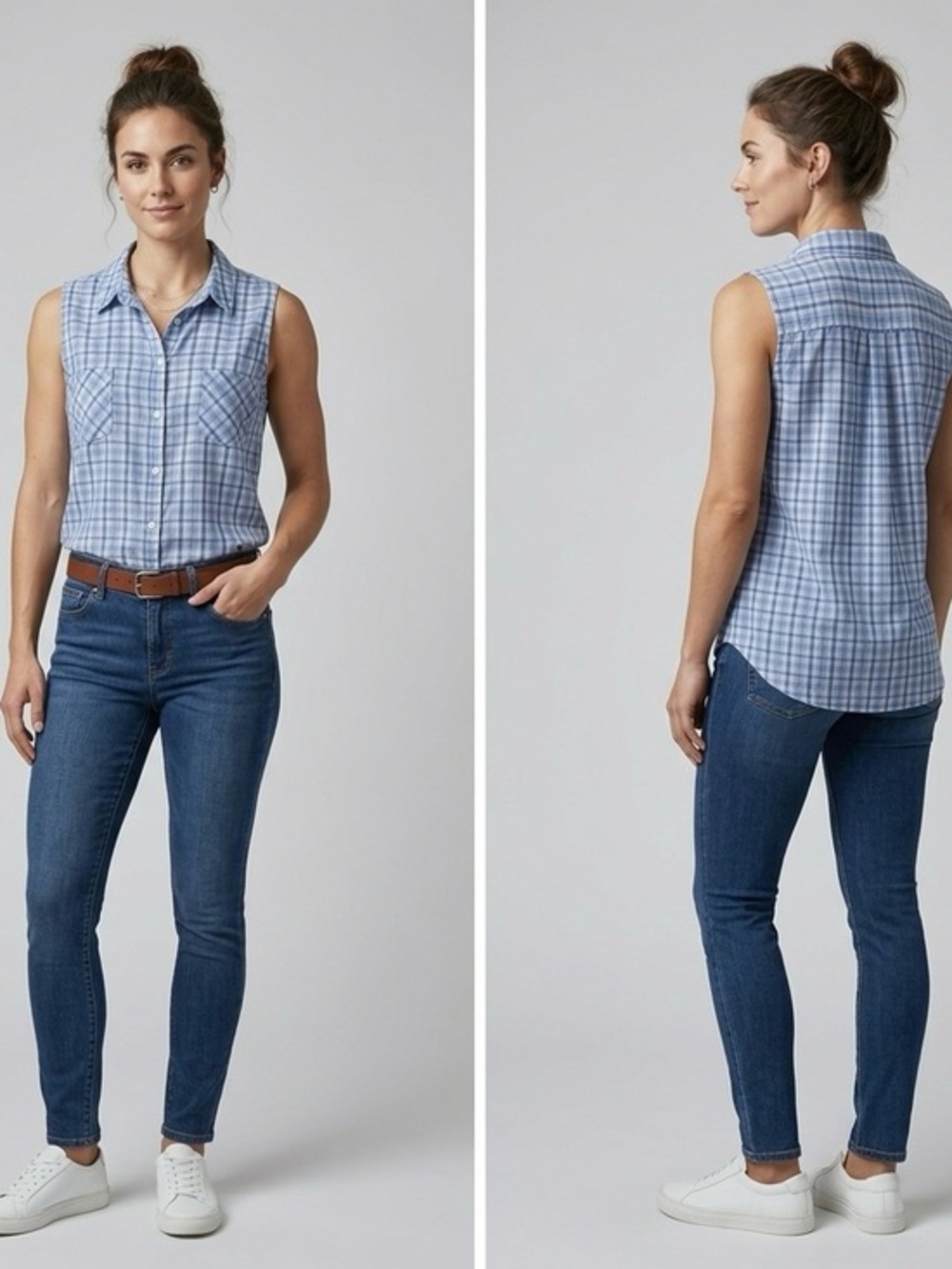 Faded Glory Blue Plaid Sleeveless Button Down Shirt |‎ Size XL